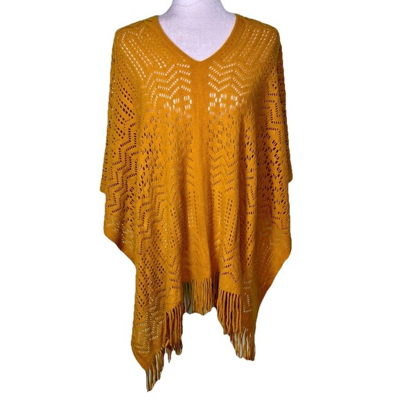 Women's Boho Open Knit Fringe Poncho Mustard Yellow Shawl Wrap Fall Layering OS - Picture 1 of 7